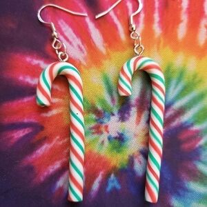 Handmade Red Green and White Striped Candy cane Dangle Earrings
